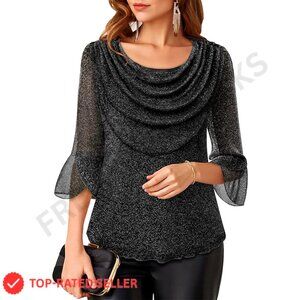 Sparkly Cowl Neck Blouse 3/4 Sleeve Elegant Evening Party Top Slim Fit